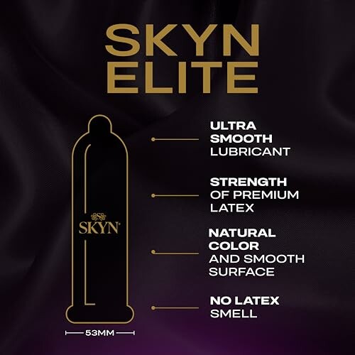 Diagram of Skyn Elite condom features including ultra smooth lubricant, premium latex strength, natural color, and no latex smell.