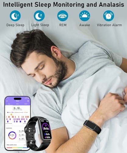 Man sleeping with smart watch showing sleep monitoring data.