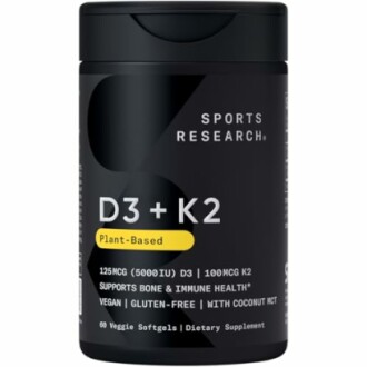 Sports Research D3 + K2 supplement bottle, plant-based, supports bone and immune health.