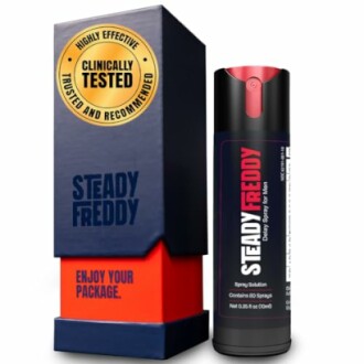 Steady Freddy delay spray packaging and bottle.