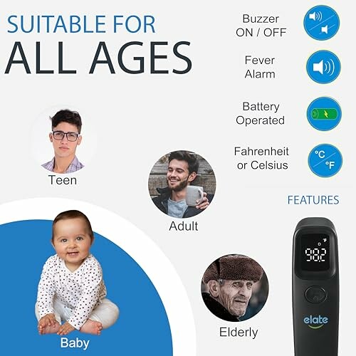 Thermometer suitable for all ages with features like buzzer, fever alarm, and battery operation.