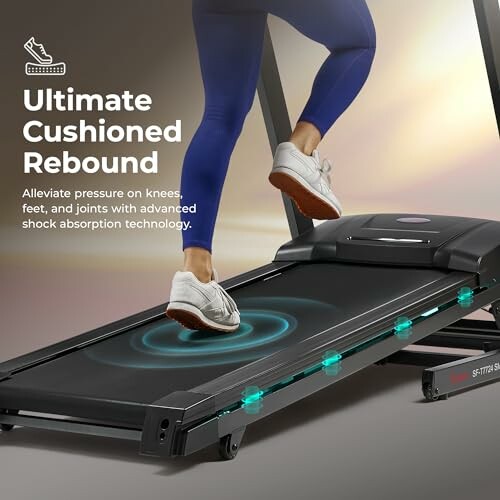 Person running on a treadmill with cushioned rebound feature.