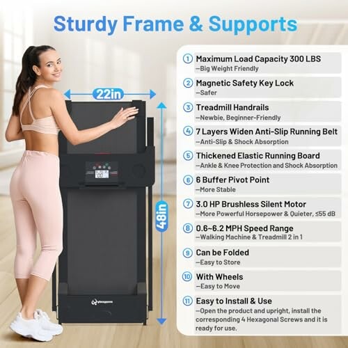 Woman next to treadmill with feature list including load capacity, safety lock, handrails, running belt, buffer system, motor, speed range, foldability, and wheels.