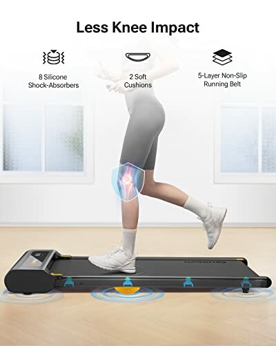 Person using treadmill with features like silicone shock-absorbers, soft cushions, and non-slip running belt.