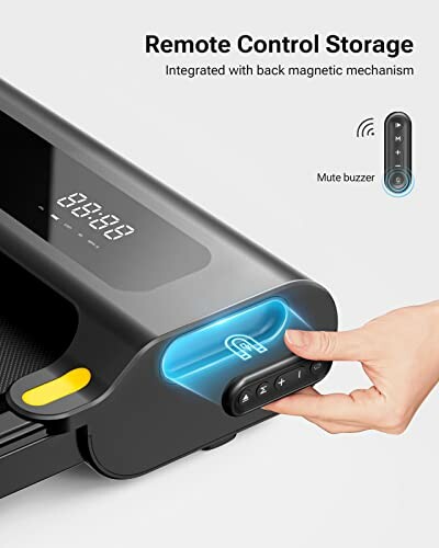 Treadmill with remote control storage and magnetic mechanism.