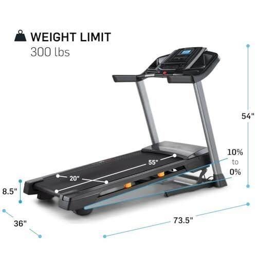 Treadmill with 300 lbs weight limit and dimensions labeled.