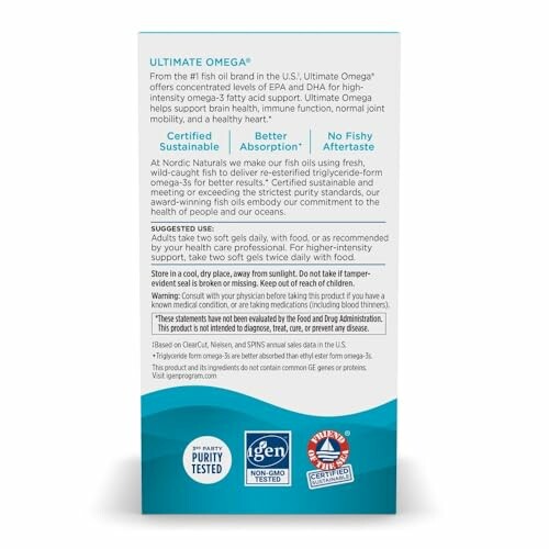 Back of Ultimate Omega supplement box with product details and certifications.