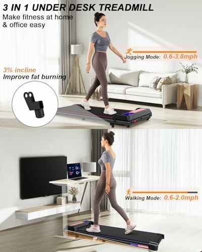 Woman using under desk treadmill at home with jogging and walking modes.