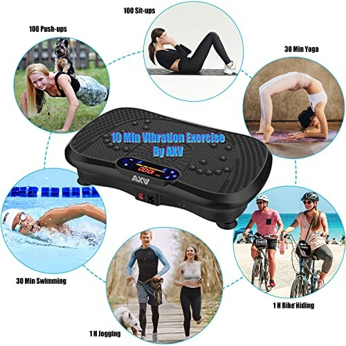 Vibration exercise machine with various fitness activities including push-ups, sit-ups, yoga, swimming, jogging, and bike riding.