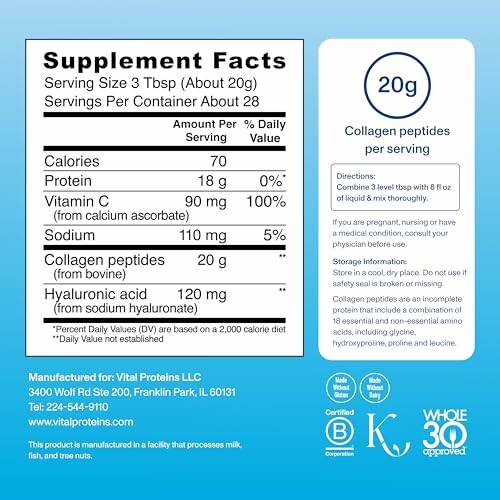 Supplement facts for Vital Proteins collagen peptides, showing nutritional information and certifications.