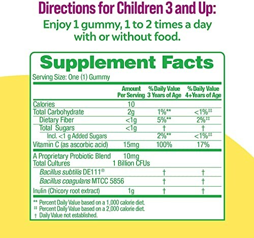 Supplement facts for children's gummy vitamins.