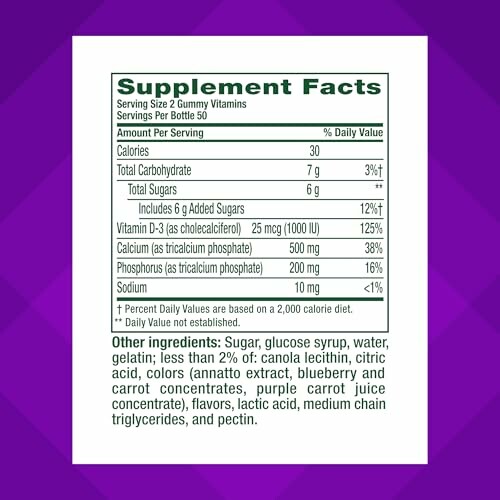 Supplement facts label for gummy vitamins with nutritional details.