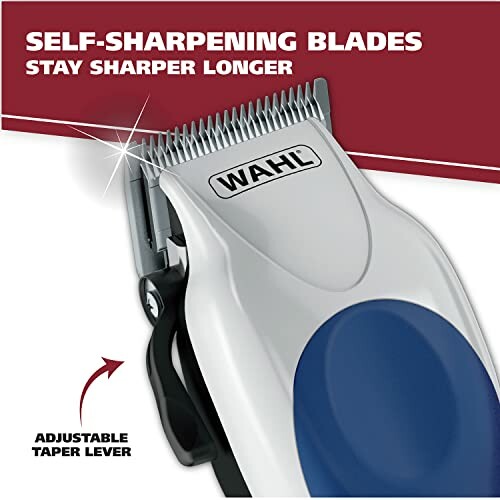 Wahl hair clipper with self-sharpening blades and adjustable taper lever.