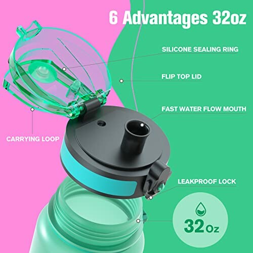Water bottle with silicone sealing ring, flip top lid, fast water flow mouth, carrying loop, leakproof lock, 32oz capacity.