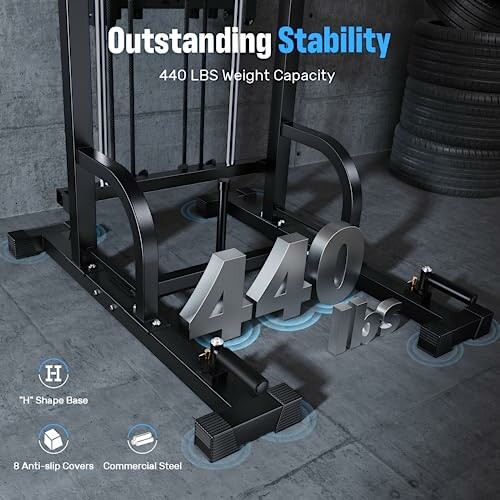 Weight machine with 440 lbs capacity and stability features.