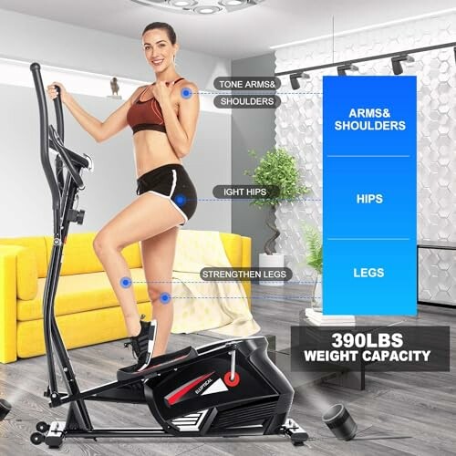 Woman exercising on an elliptical machine in a modern room.