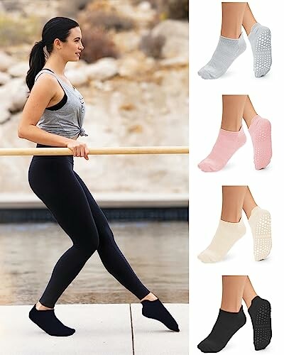 Woman exercising in grip socks with additional sock colors displayed.