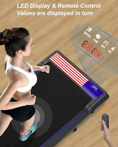 Woman jogging on treadmill with LED display and remote control.
