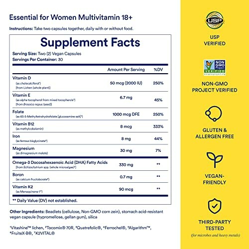 Supplement facts for women's multivitamin, including vitamin D, calcium, iron, folate, and omega-3 DHA.