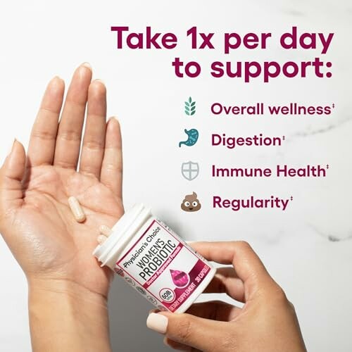 Hand holding a container of women's probiotic capsules.