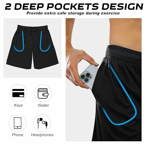 Black workout shorts with deep pockets holding a phone, icons for keys, wallet, phone, headphones.