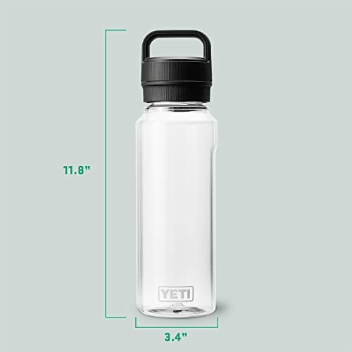 Clear Yeti water bottle with black cap and handle, dimensions shown.