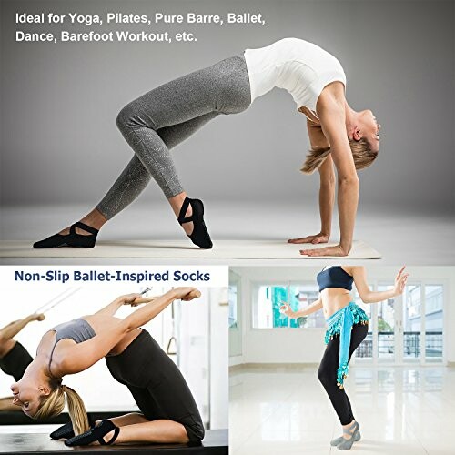 Women exercising in yoga, pilates, and dance poses wearing non-slip ballet-inspired socks.